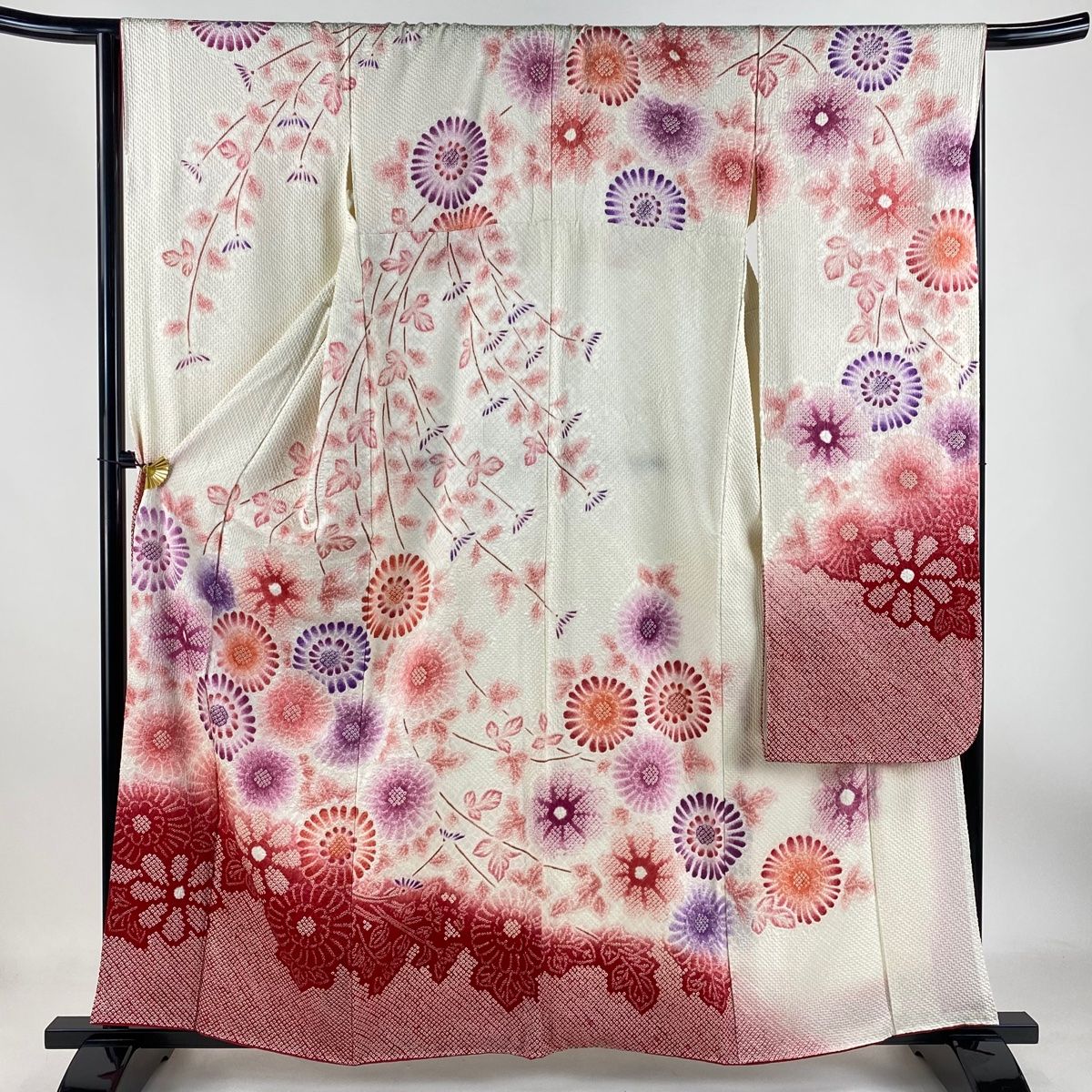 振袖 身丈160.5cm 裄丈66.5cm M 袷 菊 総絞り クリーム 正絹 名品