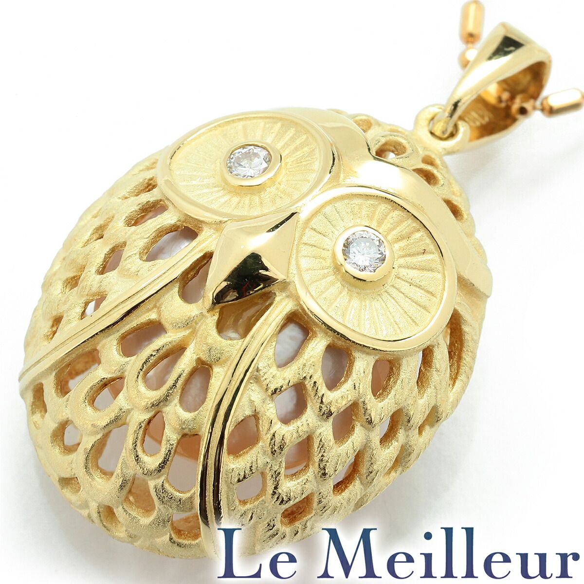 フクロウモチーフペンダントネックレス 真珠 12.0mm ダイヤモンド K18  