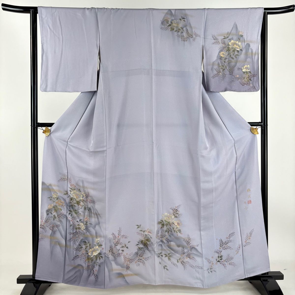 訪問着 身丈161cm 裄丈64cm M 袷 落款 草花 金彩 金糸 灰紫 正絹