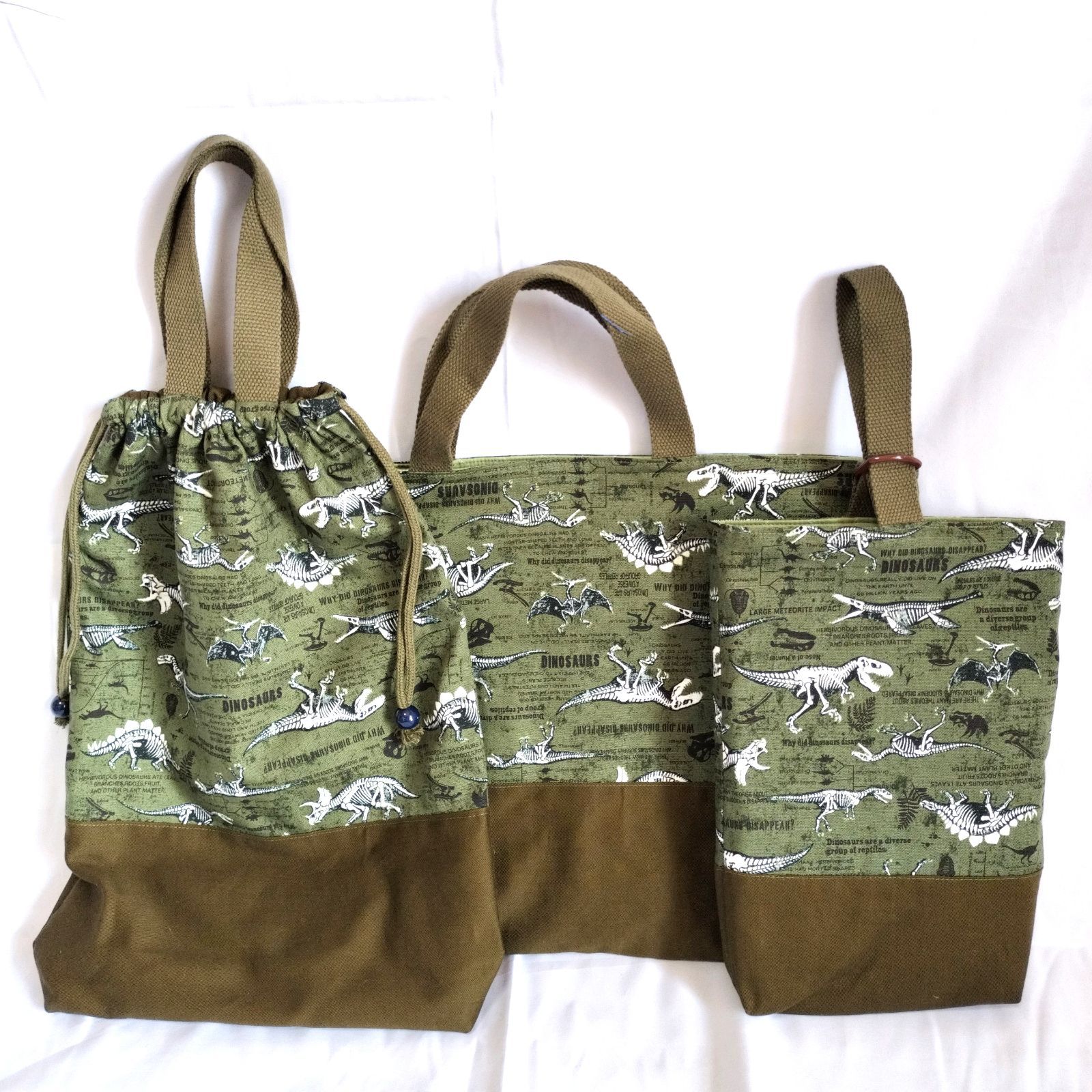 ハンドメイド 恐竜柄 入学セット 恐竜柄グリーン×デニム 入園入学4点セット＜レッスンバッグ