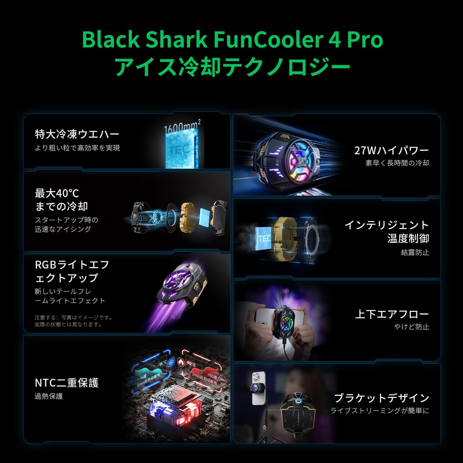 スマホ 冷却ファン Black Shark FunCooler 4 Pro 27W スマホクーラー スリープタイマー|ファンの速度の設定 6.7-8.8 cm iPhone|Android 用ヒートシンク 携帯電話のラジエーターRGBライト付き