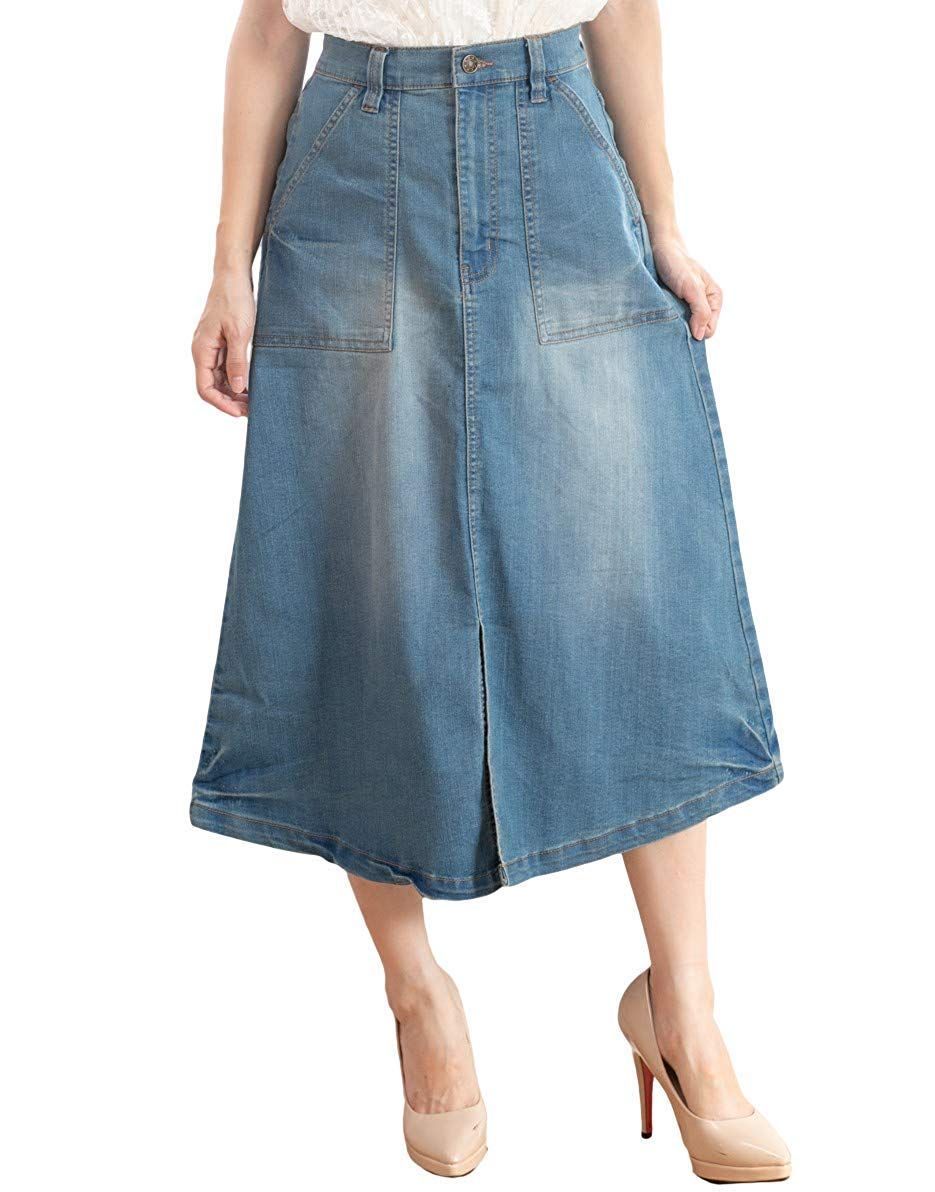 Size M_Color ブルー ハッピー ホヌ ロングスカート 美シルエット ストレッチ デニム Aライン ウエストゴム ロング ポケット 大きいサイズ M ブルー