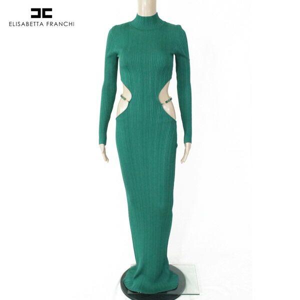 80%OFF エリザベッタフランキ ELISABETTA FRANCHI ワンピース 40 EOP1692 S Mサイズ グリーン レディース ロング丈ワンピース 長袖 細リブ編み ウエスト見せ