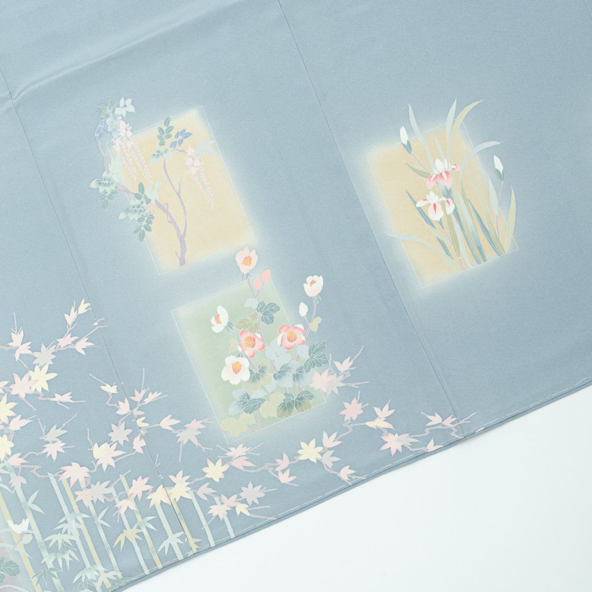 友禅 四季花 色紙取り ライトブル一 正絹 仕付け糸付き 長襦袢付き