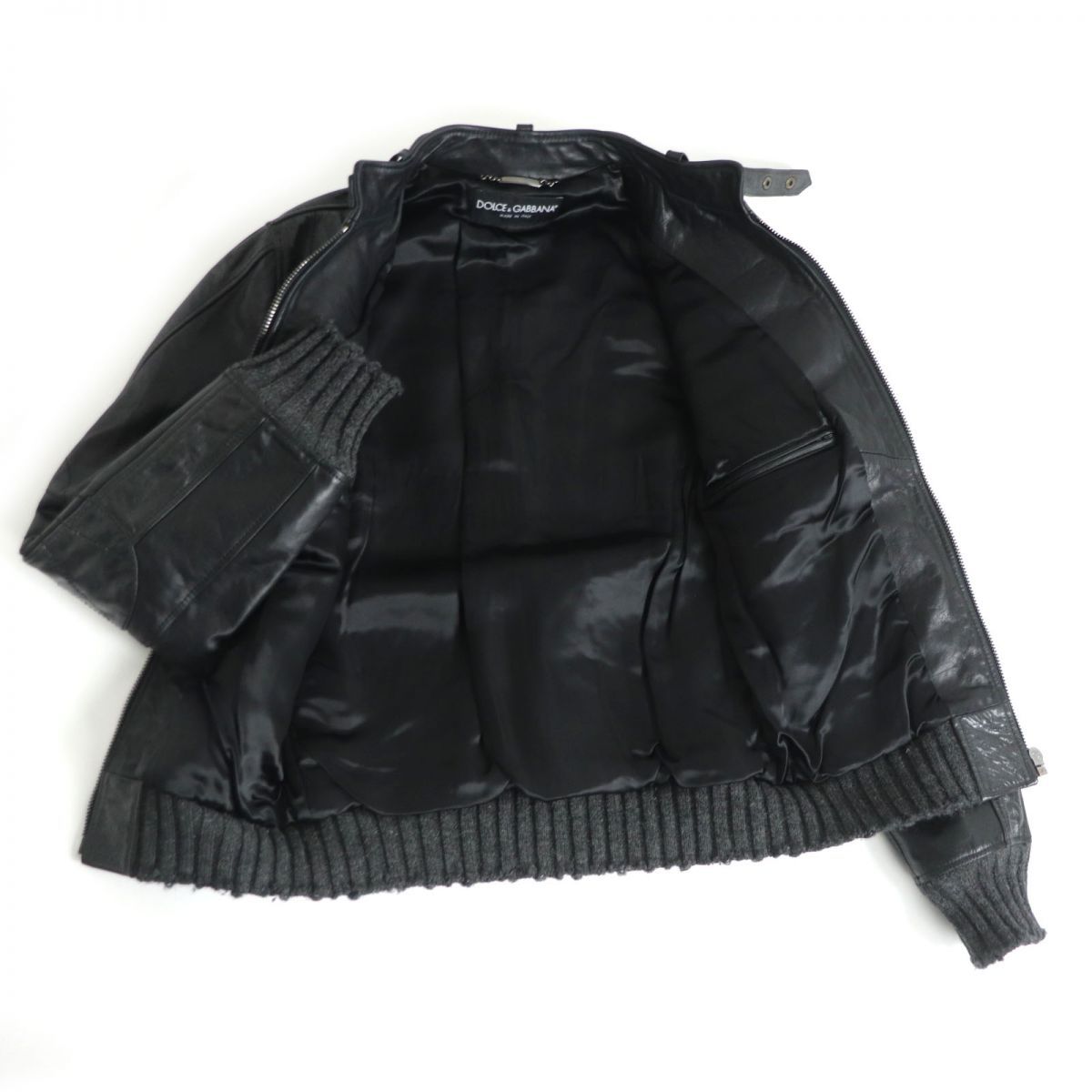 約74cmDolce \u0026 Gabbana  黒革 レザージャケット（白ステッチ）イタリア製