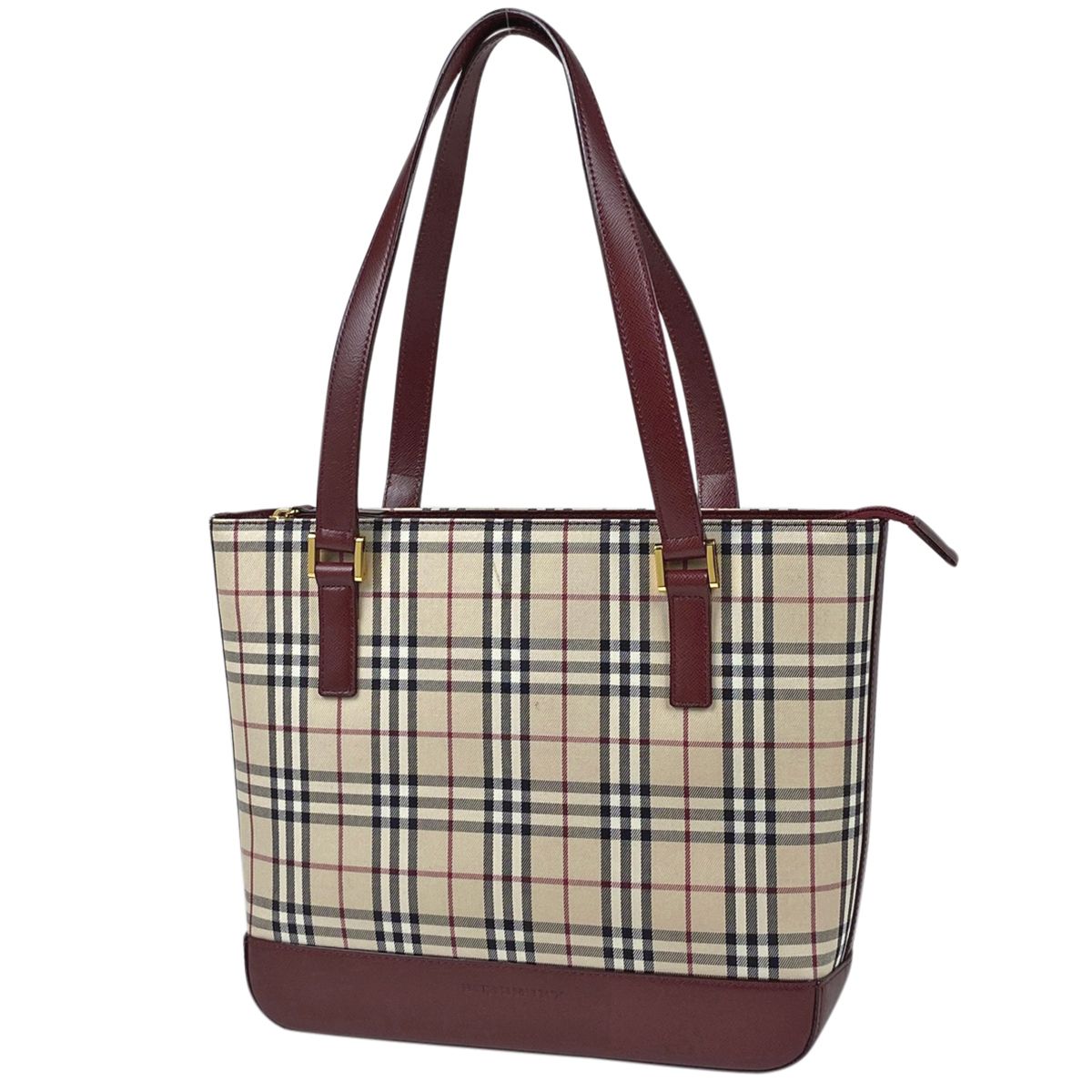 バーバリー BURBERRY ロゴ トートバッグ チェック柄 ハンドバッグ トートバッグ キャンバス ベージュ ボルドー レディース 【中古】