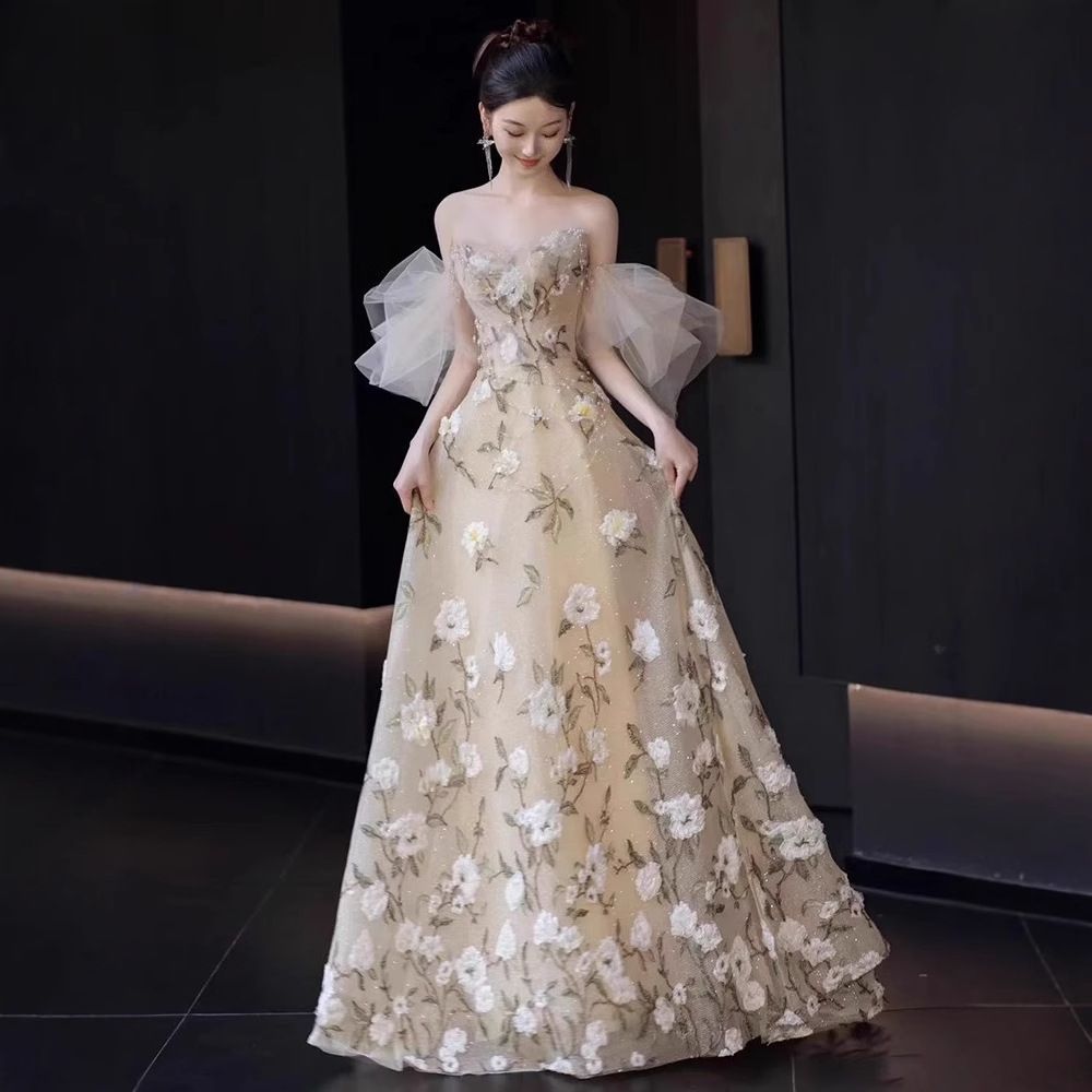 ドレス レディース 2025 パーティー 結婚式 ロング 抹胸 花柄デザイン