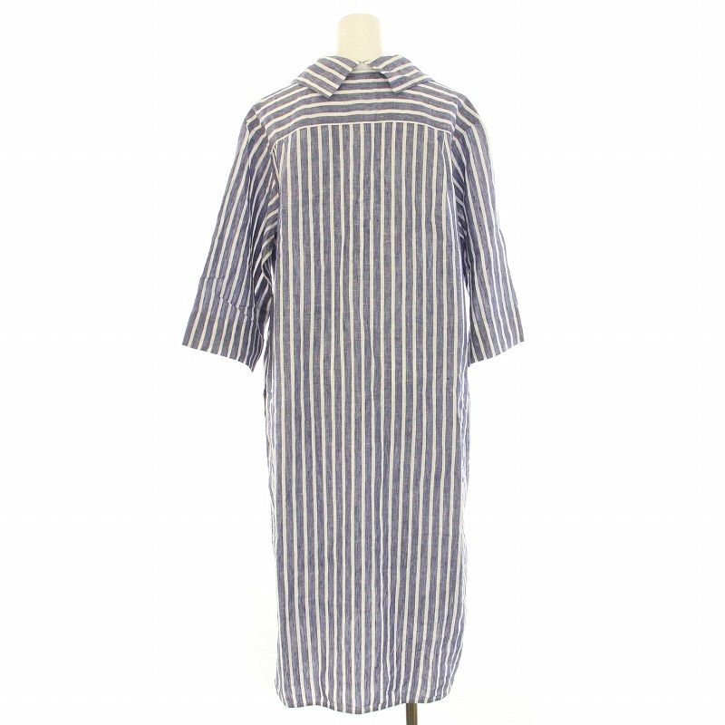 マーガレットハウエル MARGARET HOWELL WIDE STRIPE LINEN ワイドストライプリネン シャツワンピース ミモレ ロング  七分袖 ビックカラー 2 M 青 ブルー 白 ホワイト 578-2157002 /BB