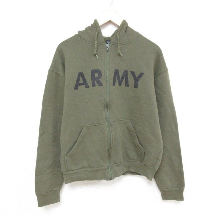 L/古着 長袖 フルジップ スウェット パーカー メンズ 90s ミリタリー アーミー ARMY 緑 グリーン 25mar03 中古 スエット トレーナー トップ