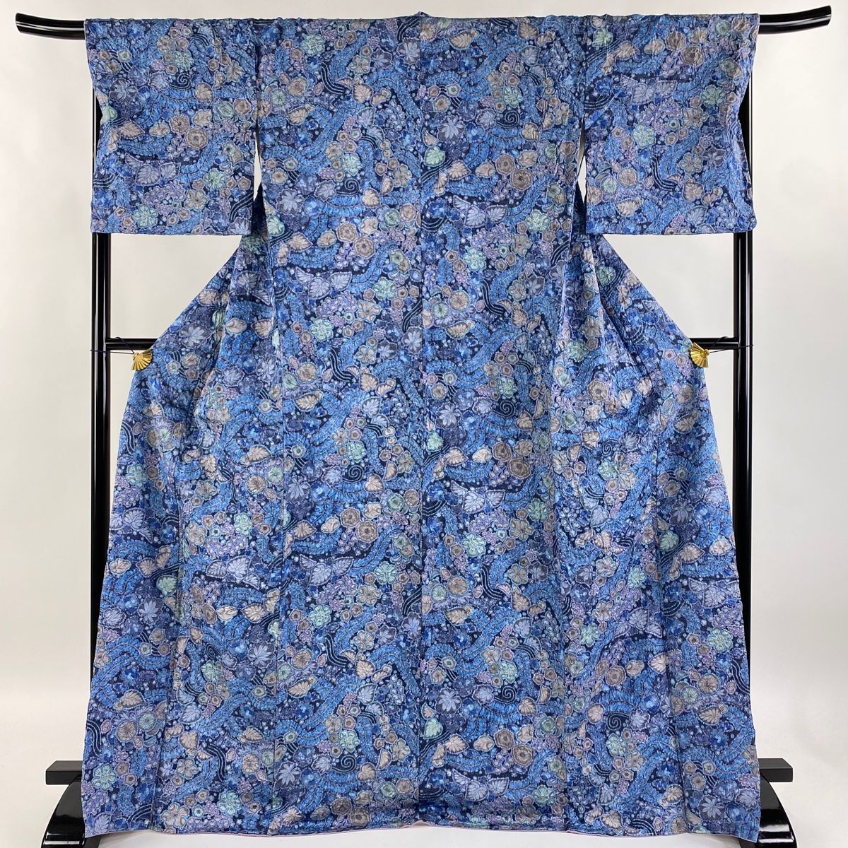 小紋 身丈171cm 裄丈68cm L 袷 辻が花 草花 銀通し 青 正絹 名品