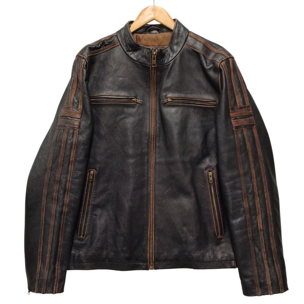 ブラックレザーライダースジャケット BLACK RIVET シングルレザー ライダースジャケット ブラック サイズXL