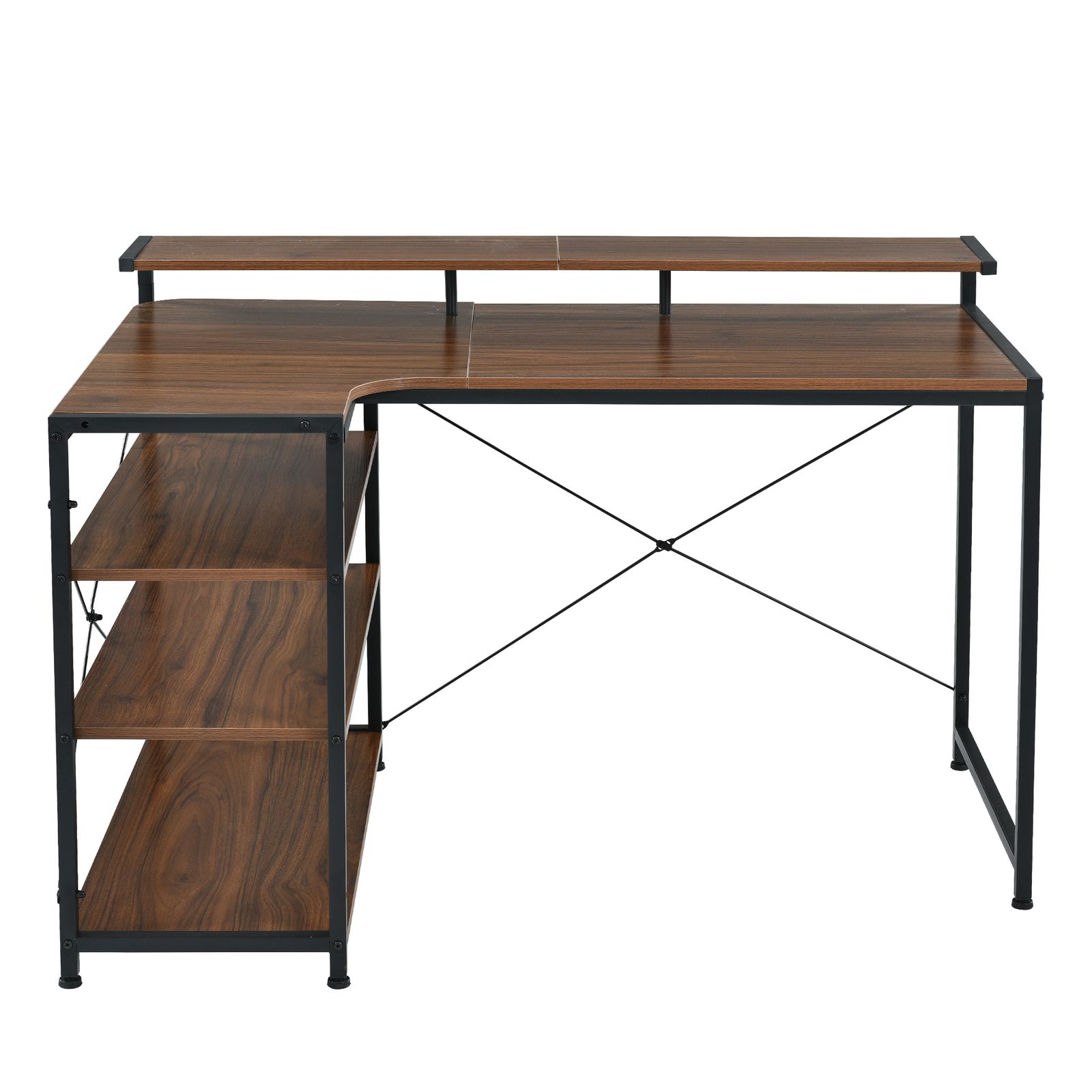 パソコンデスク L字 120cm 3段ラック付 ハイデスク付き デスク ブラウン 6%割」【人気商品改良タイプ】【ブラウン】パソコンデスク L字 120cm 3