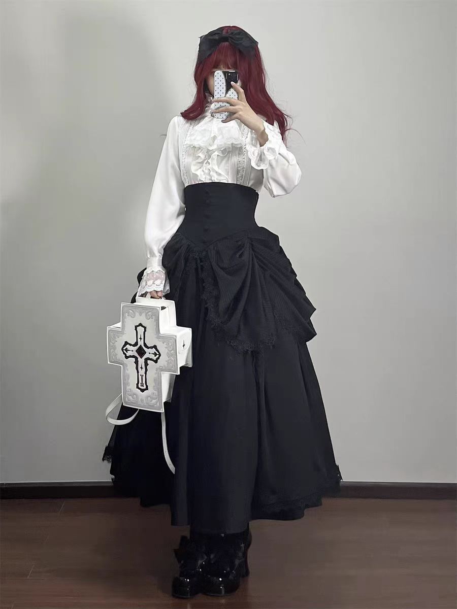 ブラックゴシック風夢遊Lolitaフィッシュボーン半身スカート姫袖セット