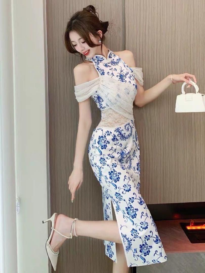 ドレス:チャイナ風×レース×花柄 タイト パーティードレス キャバドレスにも◎ ドレス:チャイナ風×レース×花柄 タイト パーティードレス