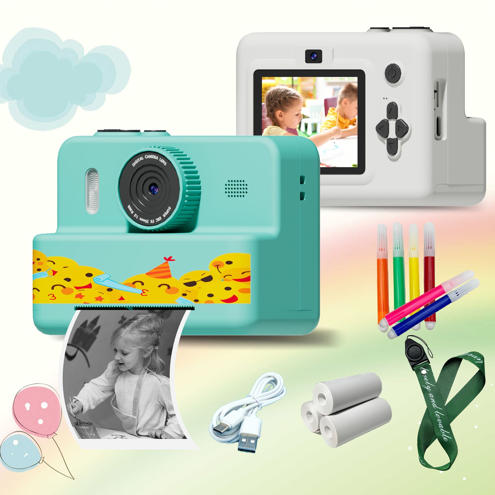 子供用即印デジタルカメラ 熱転写紙ロール ペンシル付き - 充電式USBカメラ デュアルレンズ IPSスクリーン 1500mAhリポリマーバッテリー - 4歳以上に最適 ブルー 子供用カメラアクセサリー | ふざけられたデザイン | 充電式バッテリ