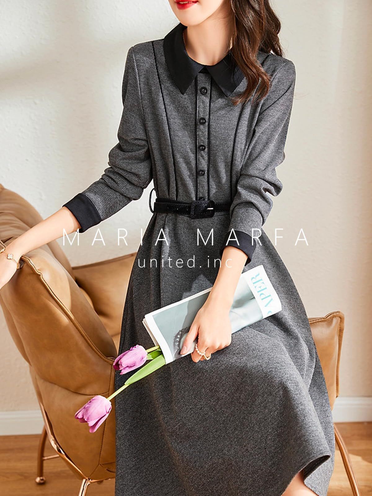 マリアマーファ モノトーン シャツ ワンピース きれいめ シャツワンピ 上品 長袖 秋 冬 オフィス オフィスカジュアル おしゃれ オシャレ お洒落 エレガント 体型カバー 女子アナ ミディアム 丈 デート服 旅行 細身え 楽ちん ウエストリボン付き デー