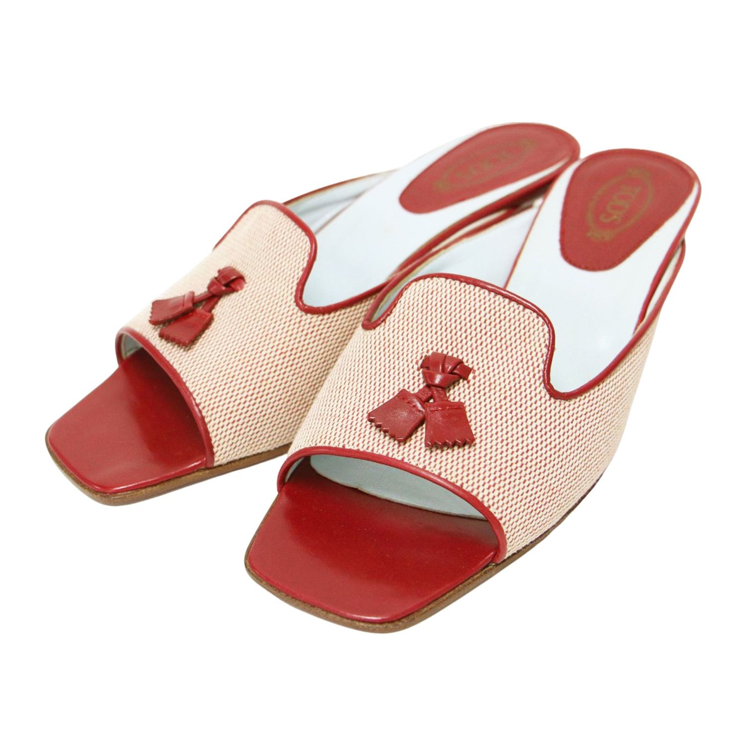 TODS トッズ ミュール タッセル付 オープントゥ ミュール サンダル スクエアトゥ ローヒール キャンバス レザー イタリア製 ブランド シューズ 靴 レディース