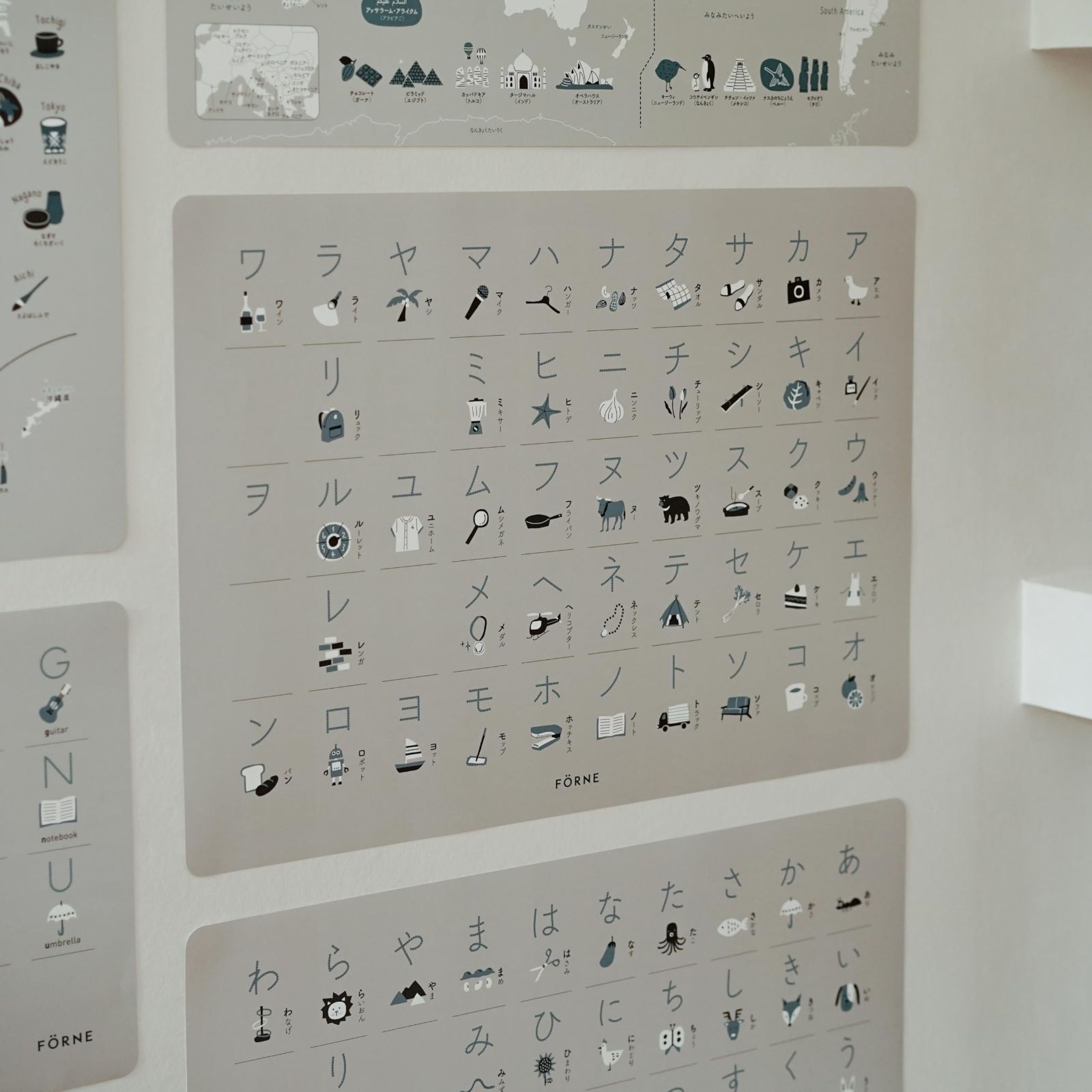 商品 知育ポスター7枚セット ひらがな カタカナ アルファベット 数字 九九 日本 世界地図 お風呂の壁に貼れる耐水合成紙 ライトグレー