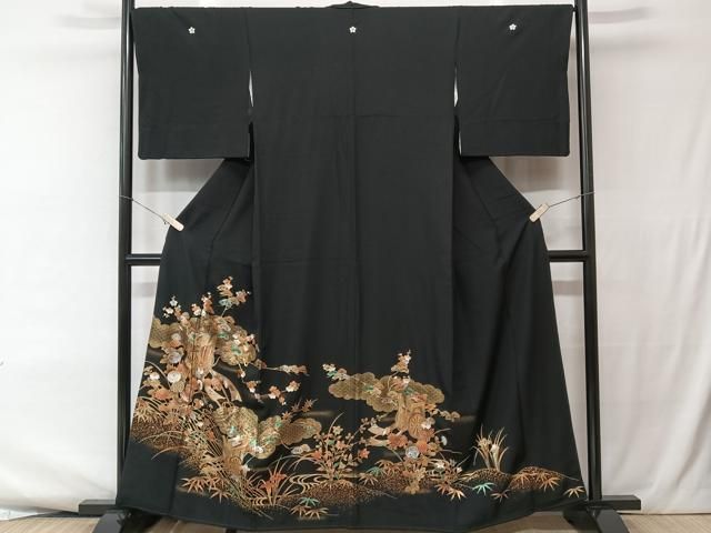 平和屋着物○豪華振袖 絞り 立波源氏車花文 黒地 金彩 正絹 逸品