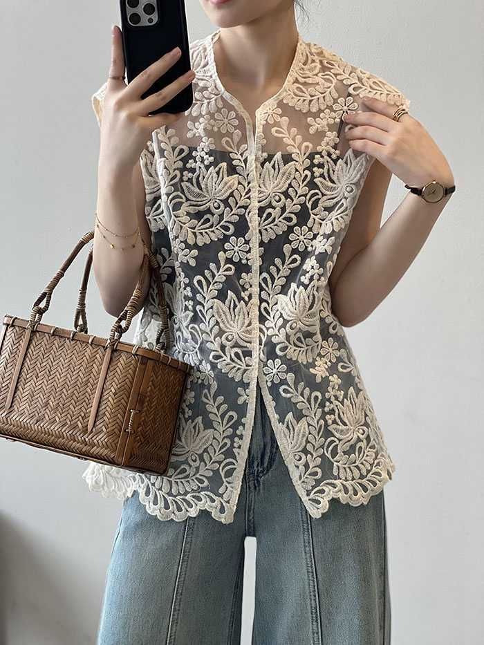 透かし編み ベスト レディース ニットベスト 前開き 夏 ベスト カーディガン ノースリーブ きれいめ クロシェ編み かぎ編み レース ノースリーブ 森ガール トップス カーディガンyanshuang09