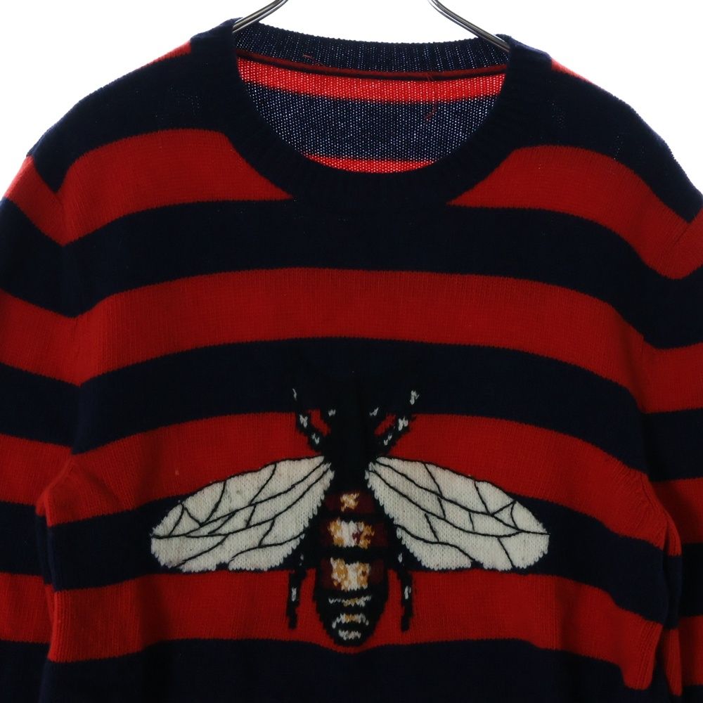 GUCCI グッチ Loved Bee ラブ ビー 蜂 ボーダー総柄 ウール長袖ニット セーター レッド/ネイビー 499248 GUCCI (グッチ) Loved Bee ラブ ビー 蜂 ボーダー総柄 ウール長袖