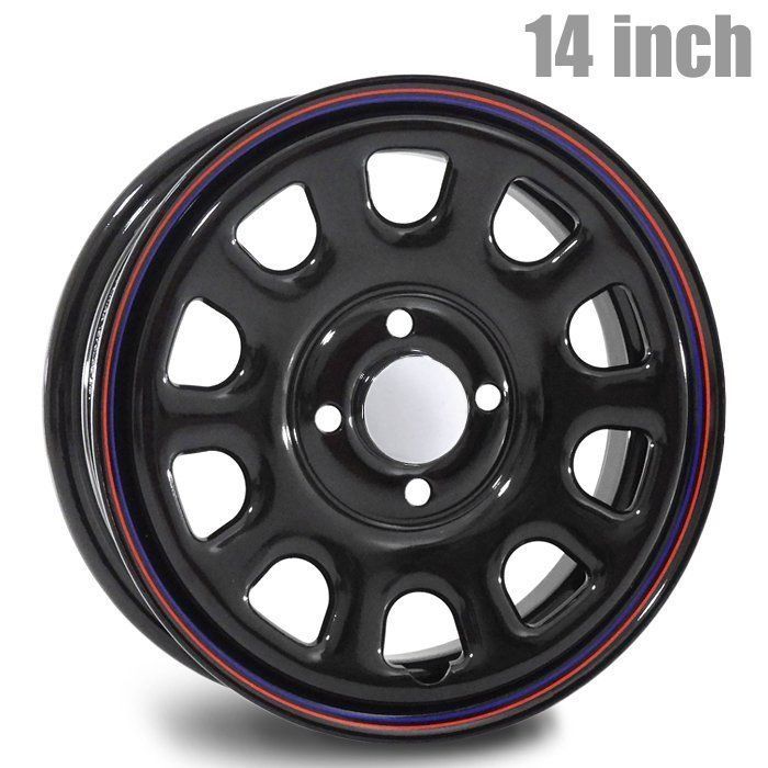 4本セット デイトナ 14インチ ホイール センターキャップ付き 14×5.0J 42 4H PCD100 CB68 ブラック レッド＆ブルー ライン 軽自動車