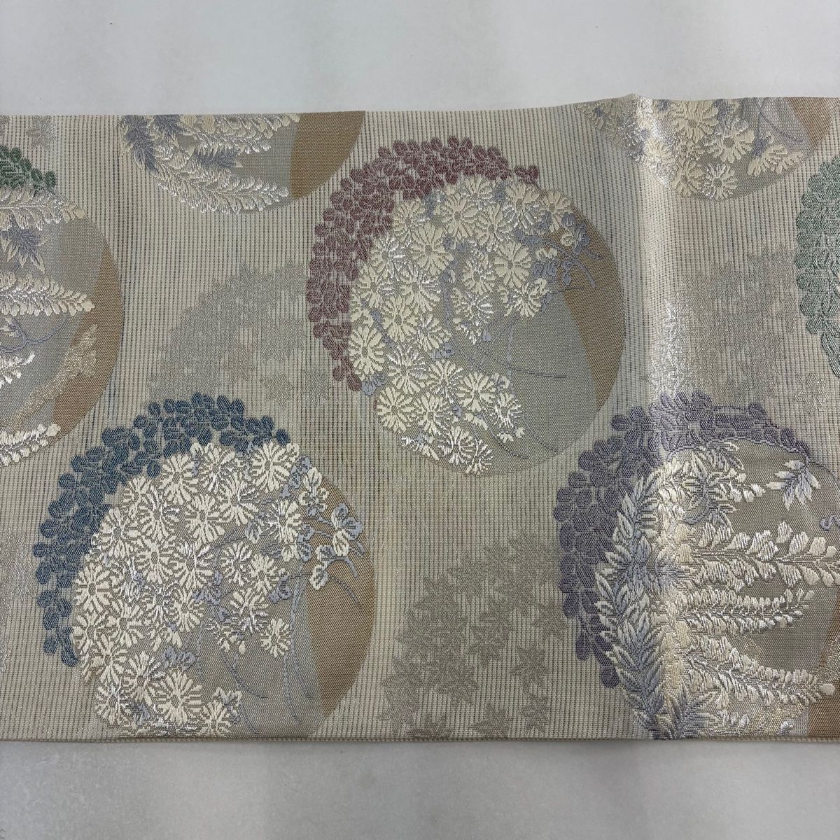袋帯 美品 秀品 夏帯 絽 竜田川 菊 藤 金銀糸 箔 クリーム 六通 正絹 