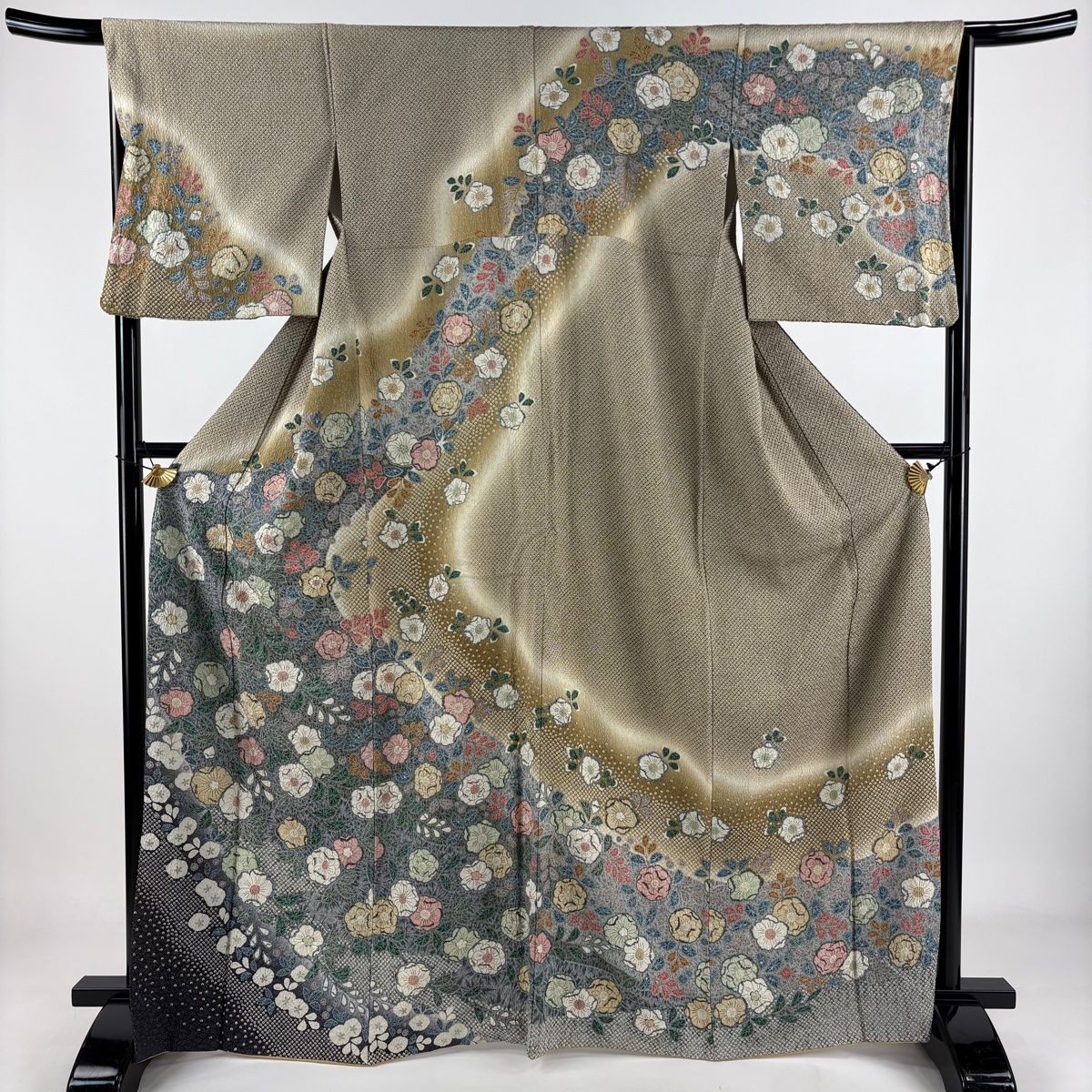 訪問着 身丈167cm 裄丈66cm M 袷 辻が花柄 疋田 金通し ぼかし 薄茶色 正絹