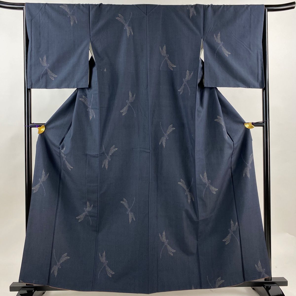 紬 身丈160.5cm 裄丈66cm M 袷 トンボ 亀甲絣 濃紺 正絹 秀品
