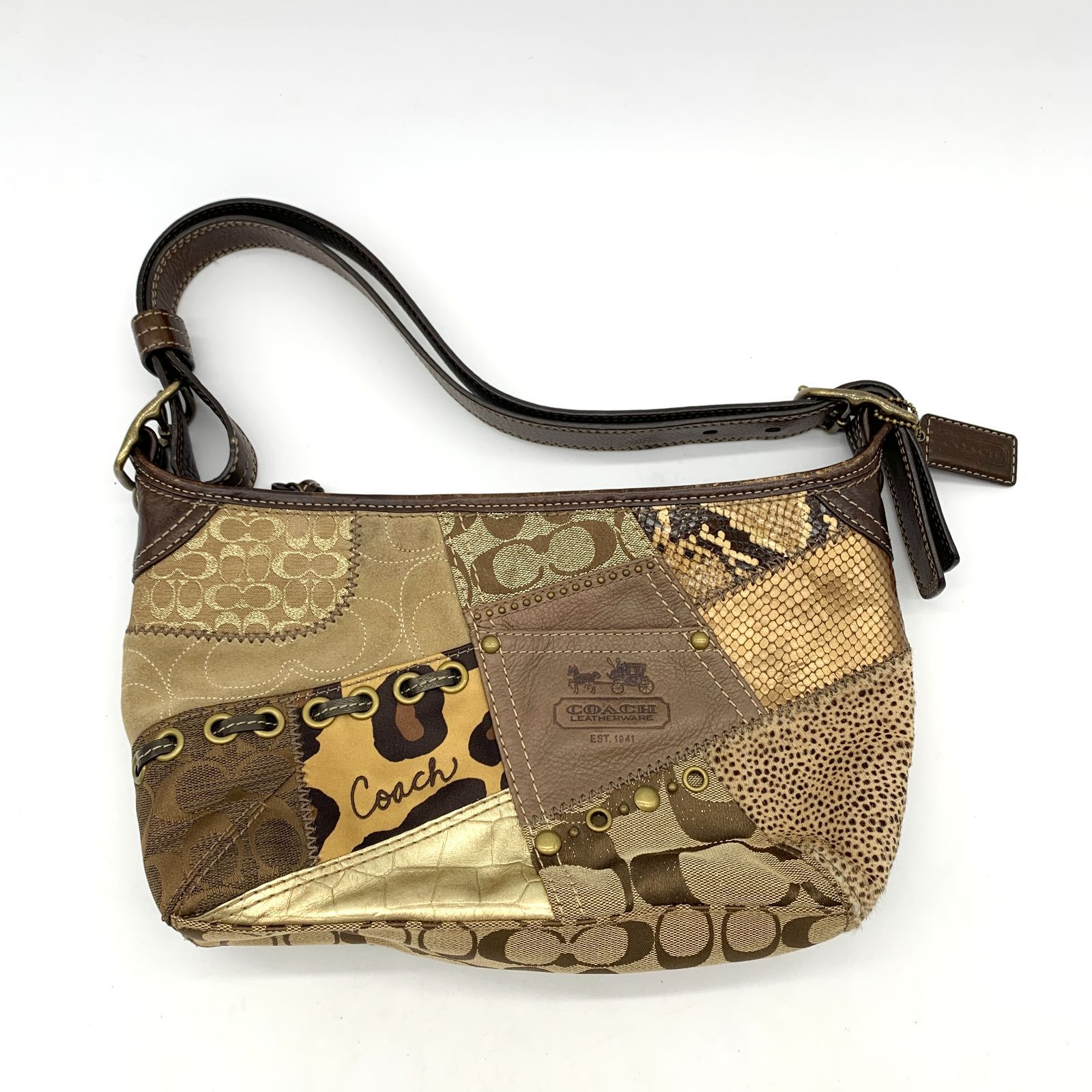 ▼COACH/コーチ パッチワーク ショルダーバッグ 12898 シグネチャー ヒョウ柄 ゴールド レザー S32926094024