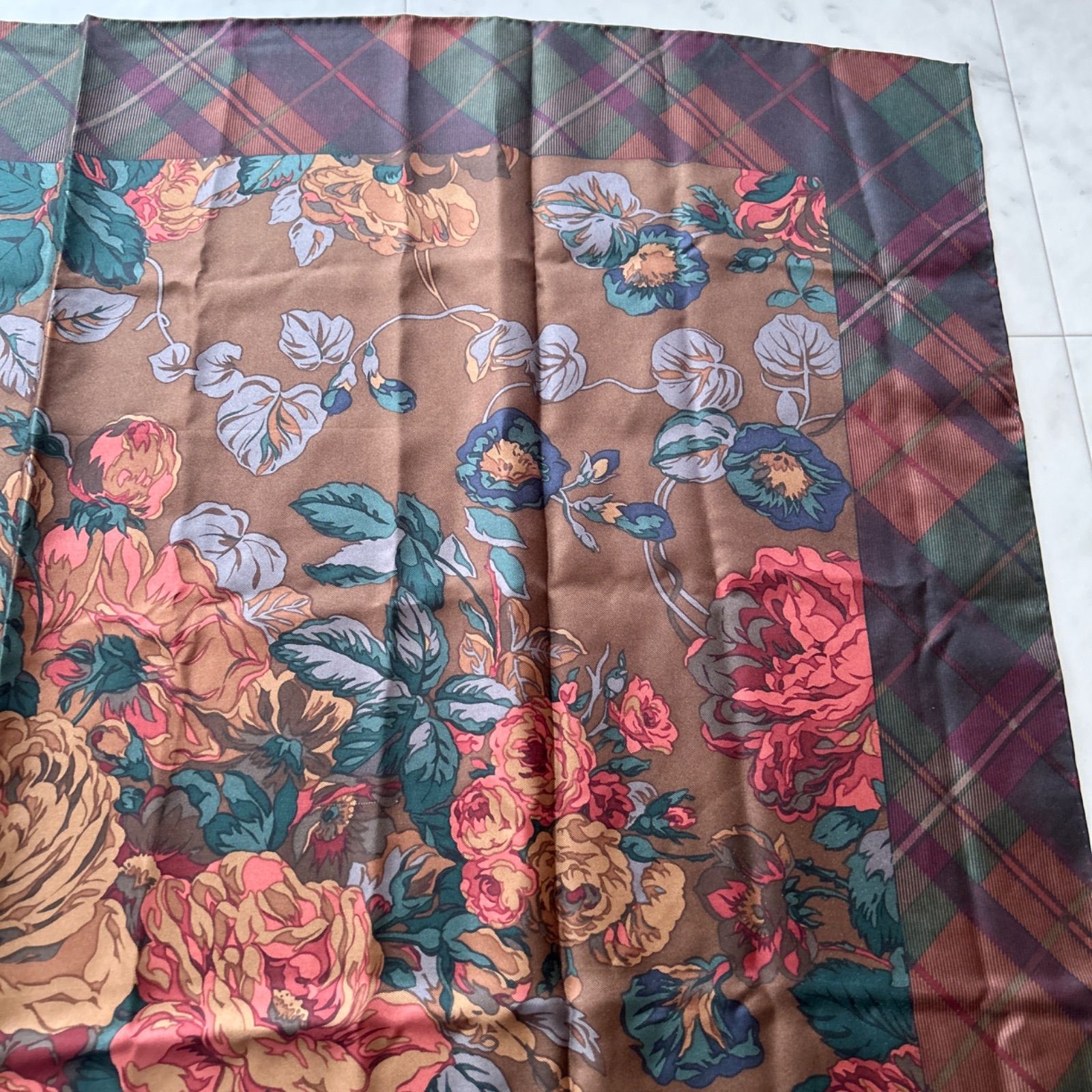 90s ラルフローレン シルク スカーフ 大判 ペイズリー 柄 vintage 美品 Ralph Lauren 大判シルクスカーフ 花柄 90×90 チェック