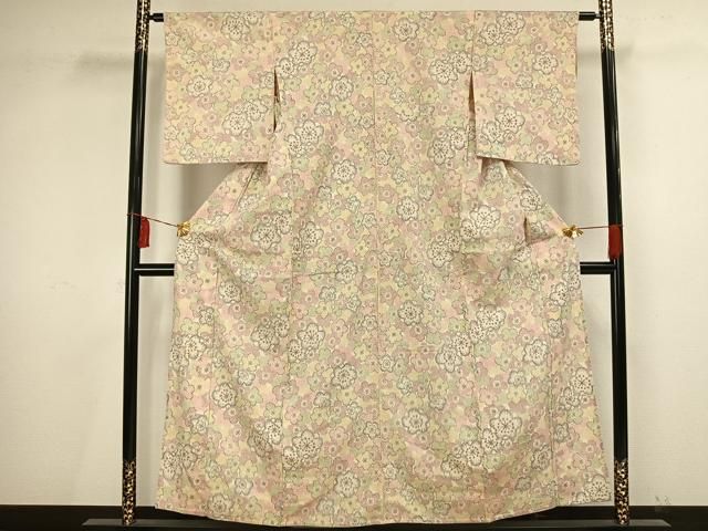 平和屋着物▽お召 単衣 花尽くし 正絹 逸品 AAAV2791fy