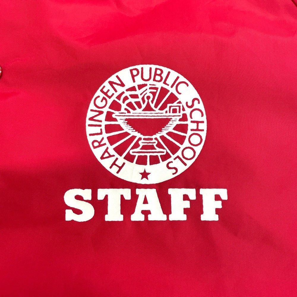 US USA製 チャンピオン Champion コーチジャケット 長袖 HARLINGEN PUBLIC SCHOOLS STAFF プリント サイズ:メンズ M レッド
