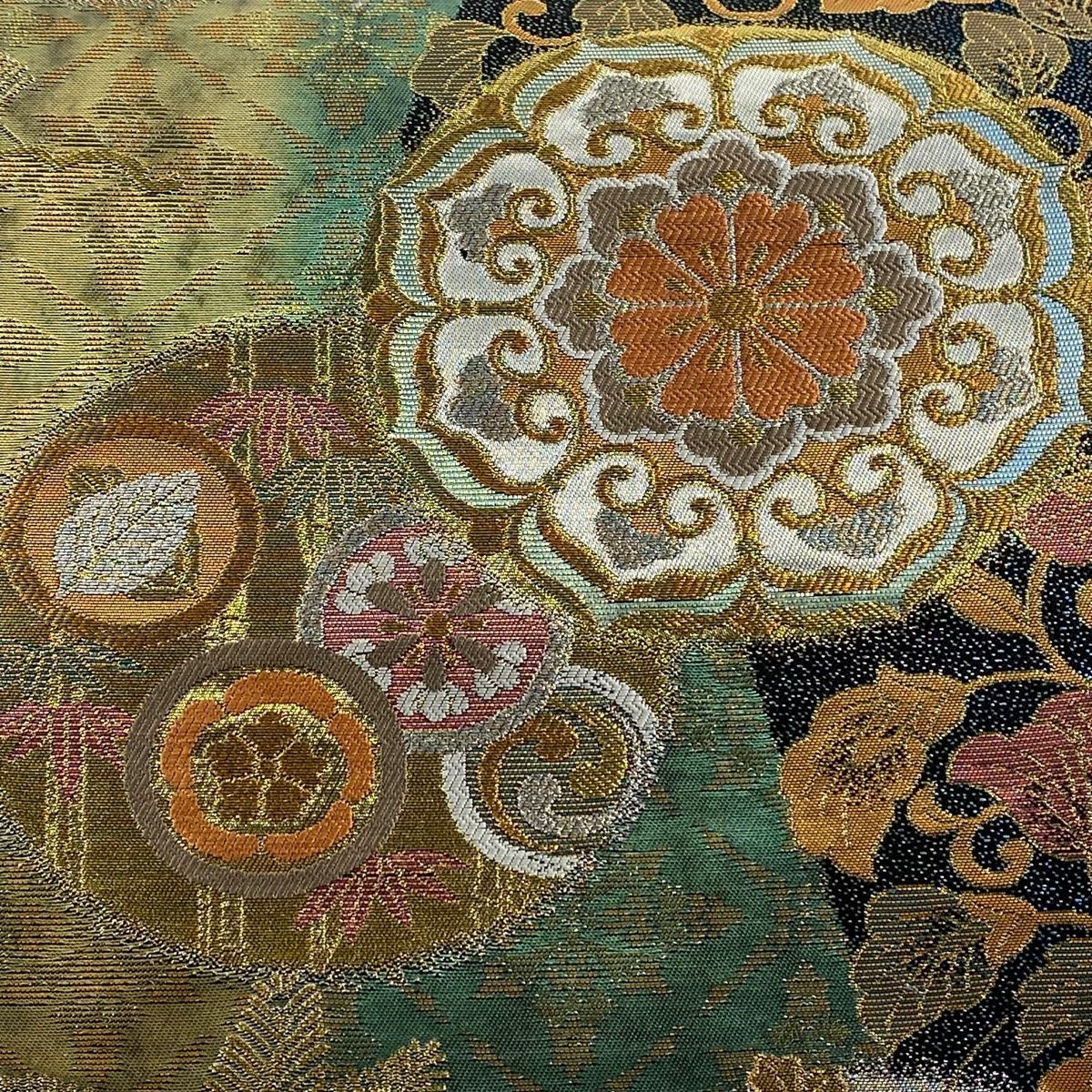 袋帯　正絹　金糸　雲　竹　市松　グリーンカラー　着物　075tz 袋帯 秀品 彩華縦松皮紋 松竹梅 金銀糸 箔 灰緑 六通 正絹