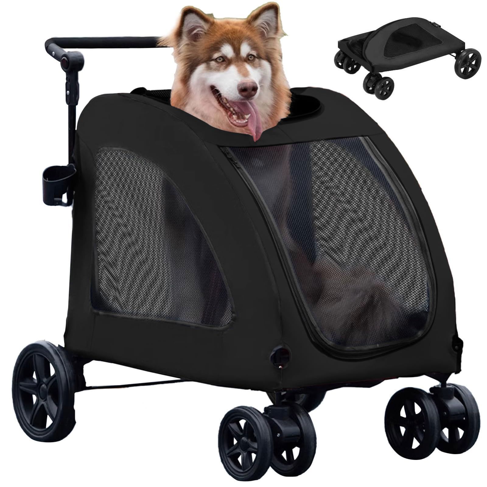 2匹 中型犬 ペット 耐荷重50Kg 日本語取扱説明書付き 大型 中型 多匹飼い向け 介護用 外出便利 お出かけ 組み立て簡単 ワンタッチ折りたたみ式 散歩 4輪 キャンプ ペットバギー カップホルダー付き 大開口 犬用カート 大容量 大型犬 多頭 外出便