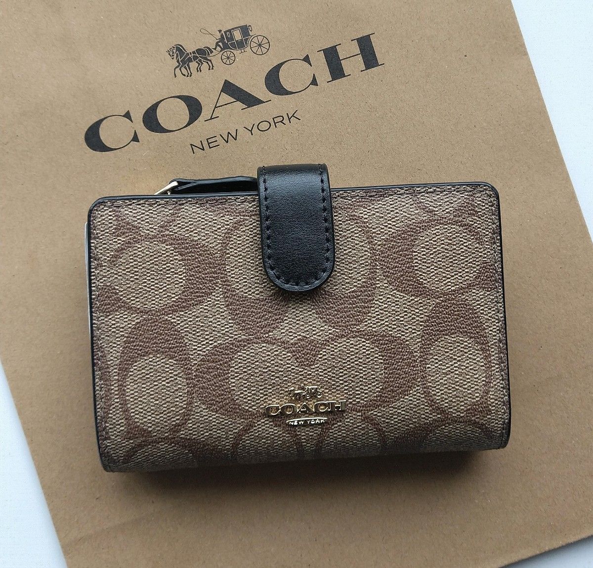 COACH コーチ 二つ折り財布 シグネチャー カーキ×ブラック 新品COACH