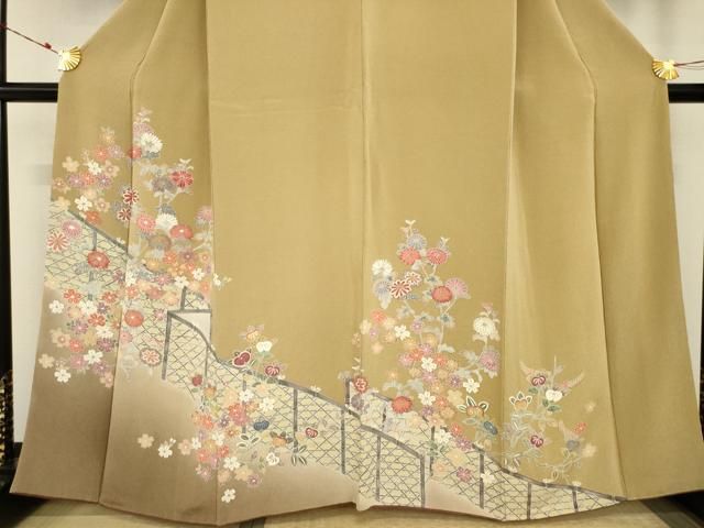 平和屋着物▽訪問着 友禅 駒刺繍 春秋柄 菊桜橘 暈し染め 金彩 鬼しぼ  