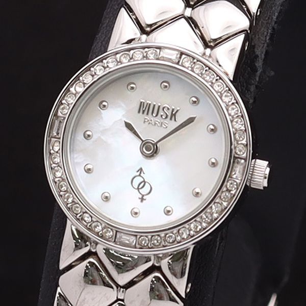 稼働 良品 ムスク QZ MT-1029 ストーンベゼル ラウンド ホワイトシェル  