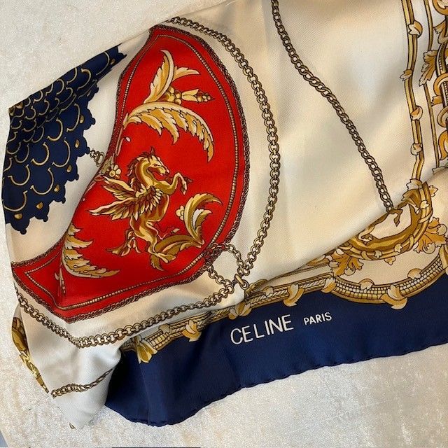 CELINE セリーヌ　スカーフ タグ無し 大判　US MAIL 総柄 美品 セリーヌ CEINE セリーヌ シルク スカーフ ※タグなし - 質屋通り