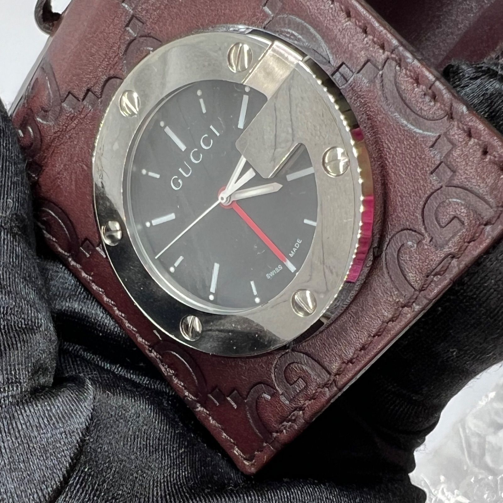 GUCCI グッチ トラベルクロック クォーツ 置き時計 GG シマレザー