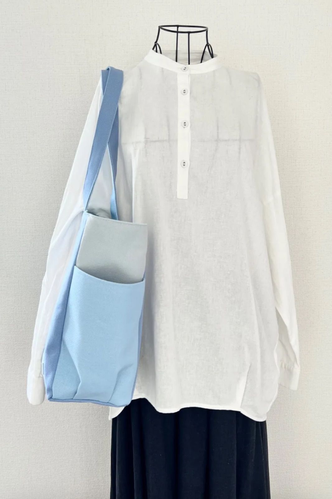 XLサイズ 底板付き 水色系 8号倉敷帆布使用 サイドポケット 大きめトートバッグ 底板付き 肩掛けバッグ akaneko