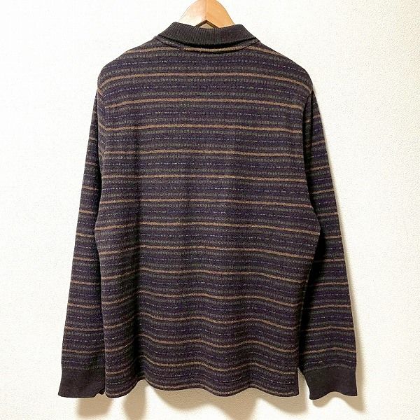 wnc パパス Papas カーディガン L こげ茶 マルチ ニット ボーダー ロゴ刺繍 ポケット メンズ 936259