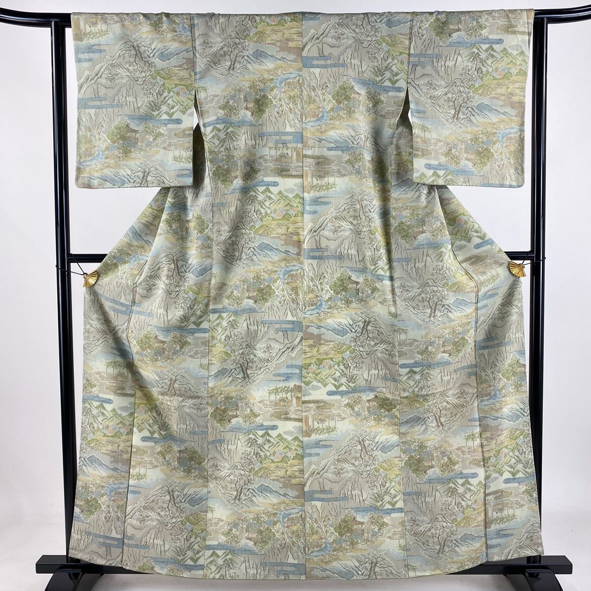 お召 身丈160cm 裄丈62cm S 袷 本塩沢 証紙 風景 人物 灰緑 正絹 名品