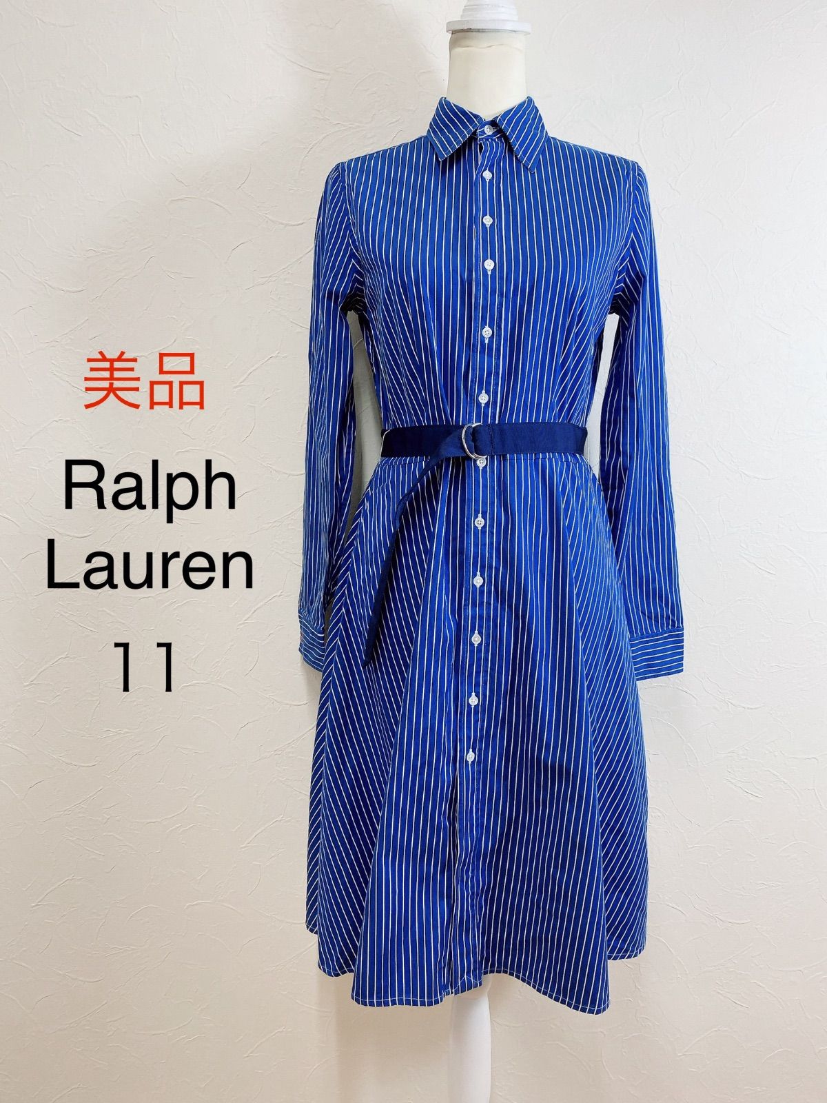 Ralph Lauren ラルフローレン シャツワンピース ストライプ ベルト コットン 青 白 ストライプ シャツドレス きれいめ ポニー刺繍 11