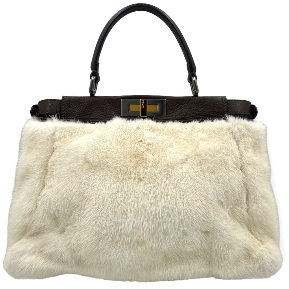 フェンディ 2WAY レディース ピーカブー Peekaboo ミディアム レギュラー ショルダーバッグ ハンドバッグ 秋 冬 鞄 かばん FENDI  8BN226 レザー ファー ホワイト 白 ブラウン 茶 ゴールド×シルバー金具 人気 美品【中古品】