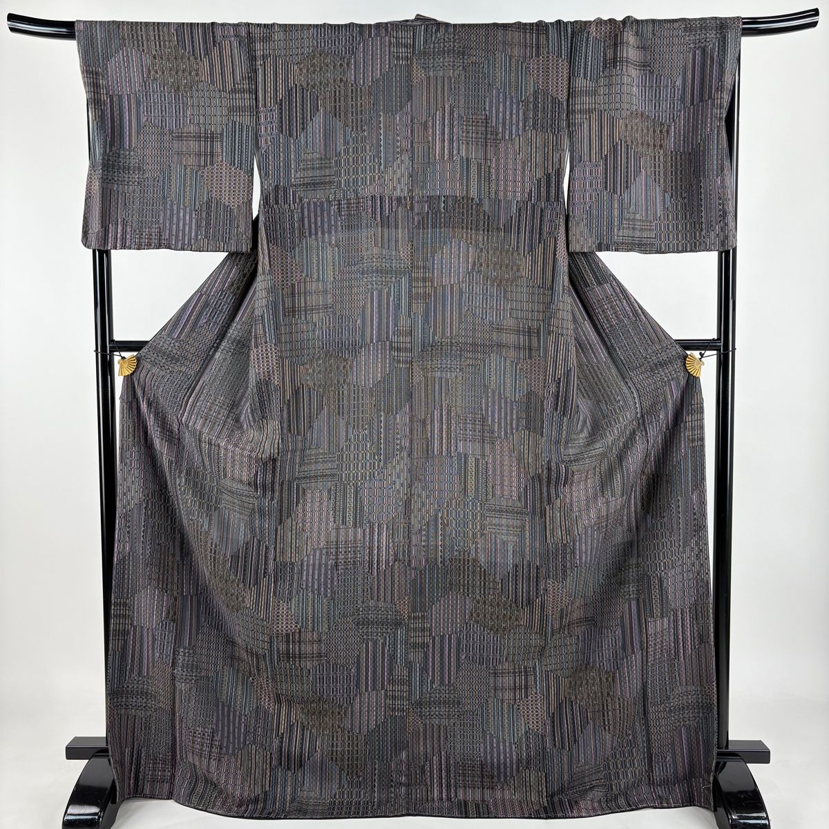 小紋 身丈173cm 裄丈69cm L 袷 縞 格子 黒灰 正絹