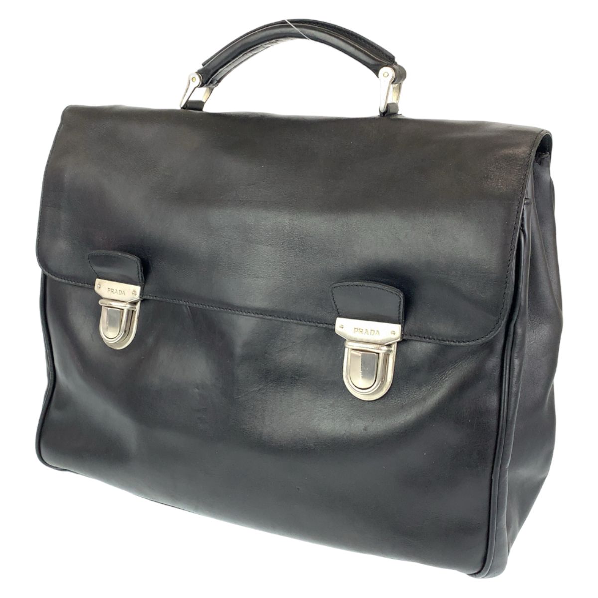 【美品】 PRADA プラダ ブリーフケース ビジネスバッグ ブラック　レザー PRADA プラダ ブラック 黒 シルバー金具 レザー ビジネスバッグ