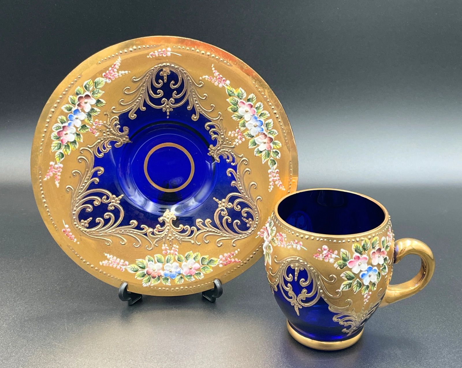 希少】Moser（モーゼル） コバルトブルー ガラス エナメル盛上げ花文様