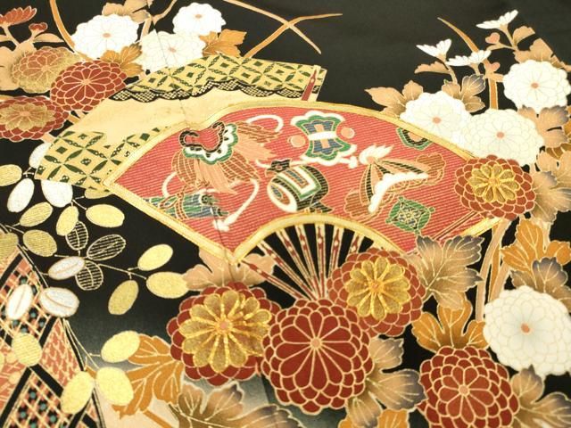 平和屋-こころ店□豪華黒留袖 刺繍 束ね熨斗扇面花文 暈し