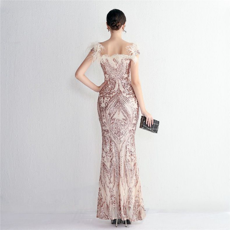 送料無料 レディース 深Vネック ノースリーブ ドレス ゴールド 魚尾 パーティー 舞台 名媛 商品説明WPまとめ買い割引103